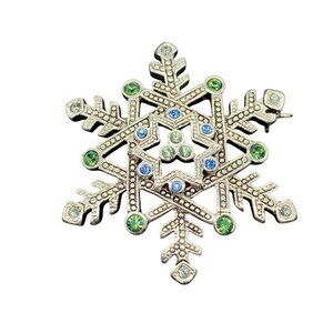Vintage Rhinestone Snowflake Brooch Silver Tone With Green and Blue Rhinestones